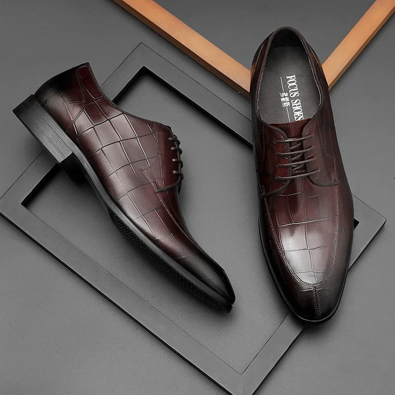 

2022 new men's suit leather shoes high-end leather lace-up embossed first layer cowhide British style pointed toe men's shoes
