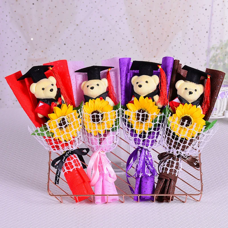 

Set of 5 Bear Artificial Sunflower Bouquet for Graduation Party Gifts Favor for Guests 30cm