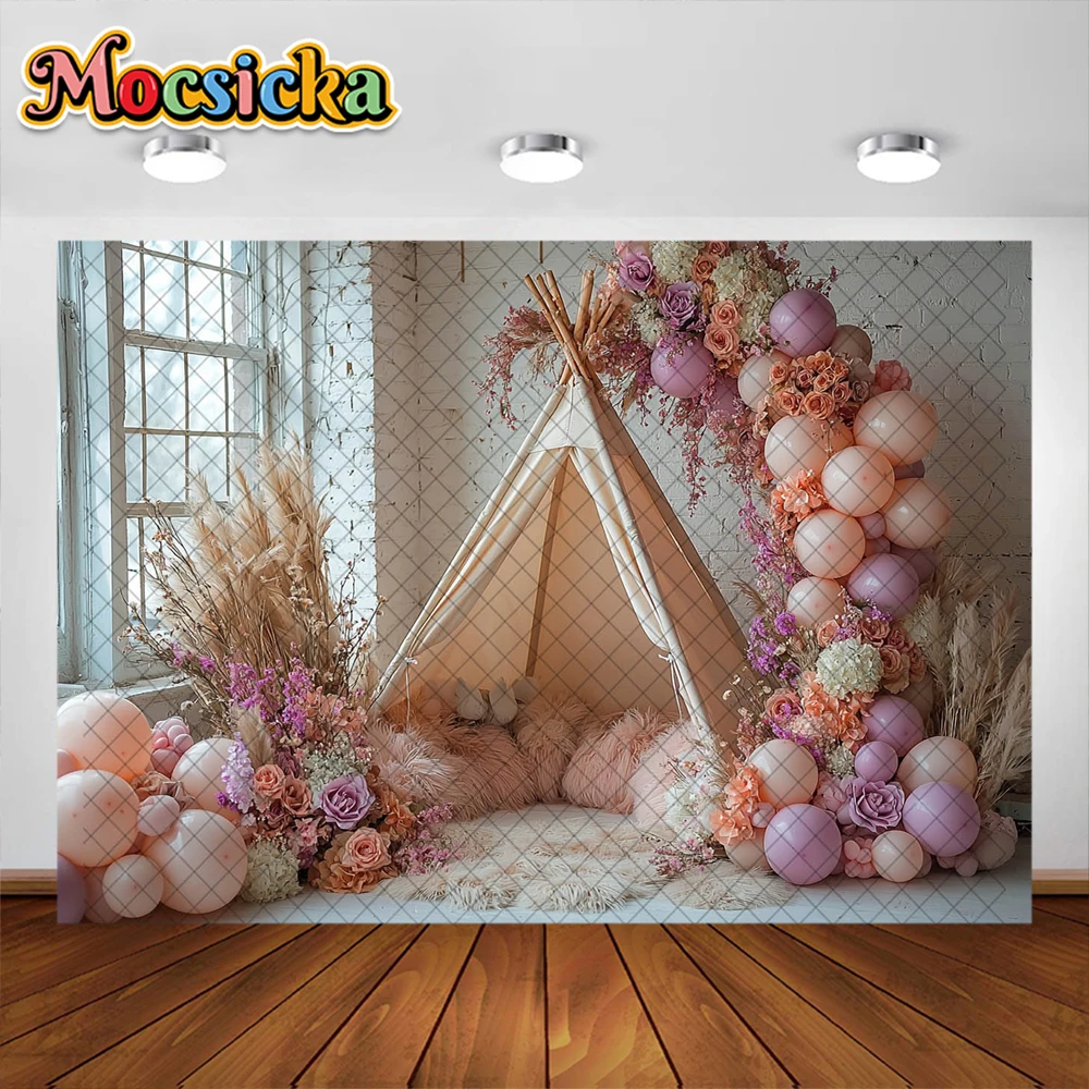 Фото Bohemian Photography Background Colorful Balloon Tent Decoration NeWborn Baby Shower Cake Smash Background Studio Props Banner №5