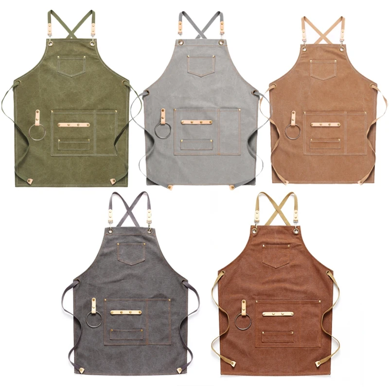 

Canvas Apron Bib Leather Chef Kitchen Apron For Women Men Barista Bartender Pockets Home Barber Cook Coffee Restaurant