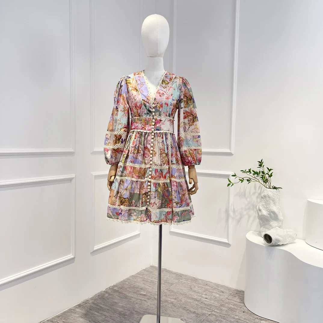 

2023 New Women Pure Cotton Elegant Flower Print Mini Dress