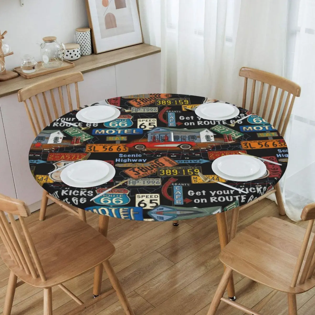 

Винтажная скатерть America Road Route 66, круглая эластичная маслостойкая Скатерть для банкета
