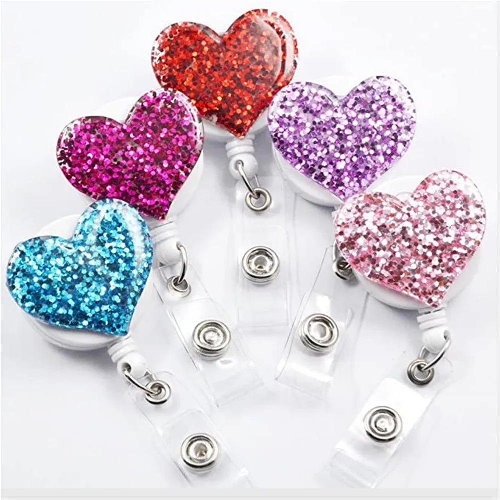 

Love Heart Glitter Sequins Badge Reel Retractable Badge Holder Nurse Doctor ID Card Holder Pull Key Chain Kawaii Office Supplies