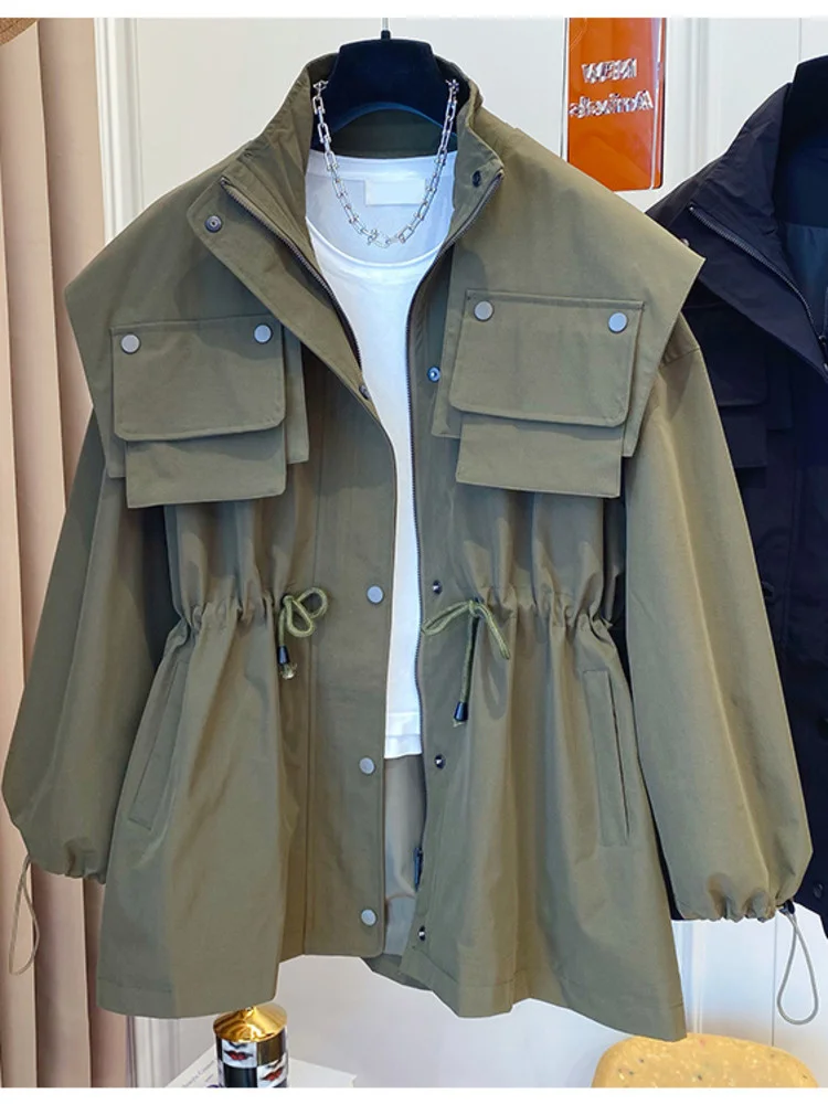 

[EWQ] Autumn Oversized Windproof Waterproof Windbreaker Women Luxury Brand Zip Up Loose Jacket Drawstring Pockets 2023 16Y3999