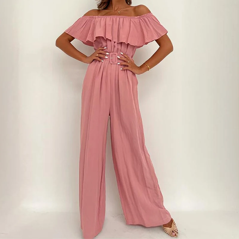 

Summer Sexy Off Shoulder High Waist Wide Leg Jumpsuit Fashion Solid Pleated Women Party Playsuit 2022 New Loose Romper With Belt