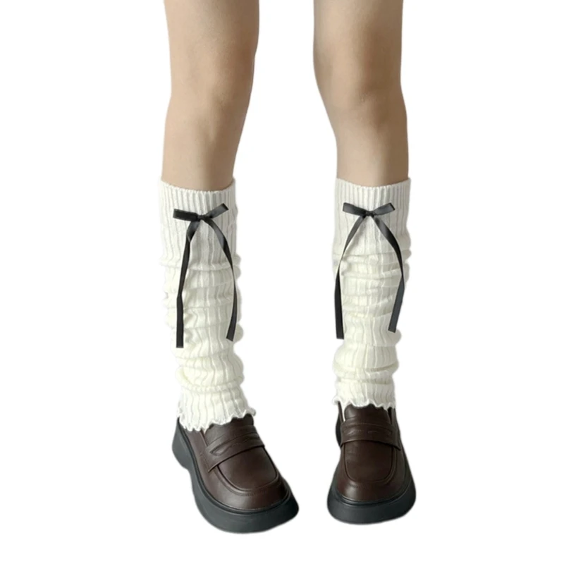 

Ribbed Knitted Leg Warmers Long Socks Japanese Women Cute Ribbon Bowknot Lettuce Ruffled Hem Boot Cuffs Foot Covers