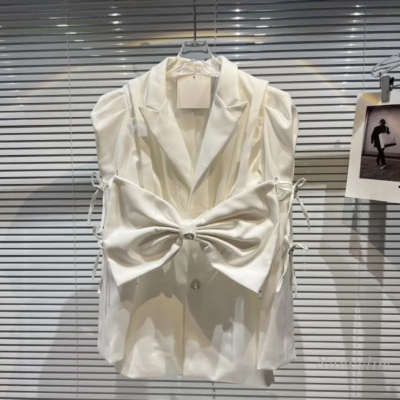 

White Blazer Woman 2022 Spring Clothes New Classic Style Chest Big Bow Design Waist-Tight Mid-Length Suit Coat Office Lady