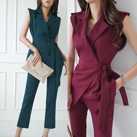 summer office elegant green suit set solid two piece matching sets 2022 lace up blazer vest top slim cropped pants women outfit
