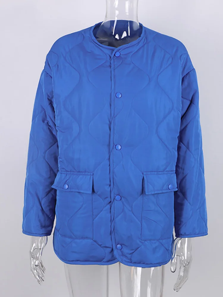Autumn Winter Women Blue Quilted Jacket Fashion Double-Sided Cotton Padded Loose Coat Vintage Long Sleeve Ladies Oversize Coat
