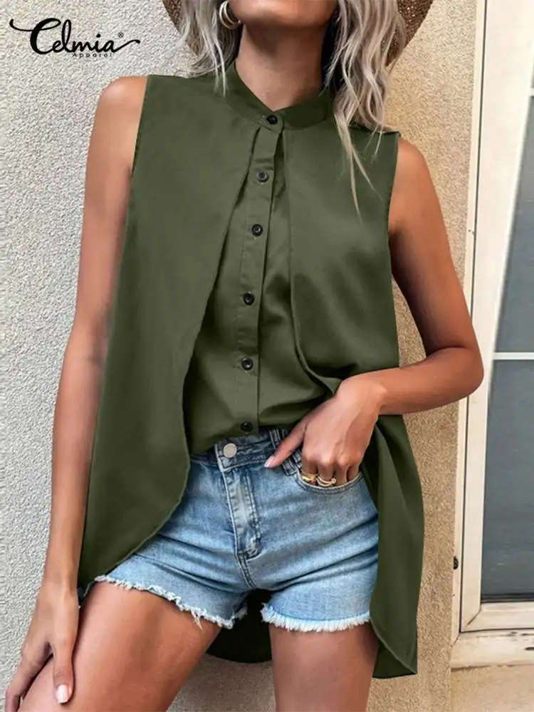 

Летняя многослойная длинная блузка Celmia, женская модная шикарная рубашка 2022, женская уличная одежда без рукавов, блузка на пуговицах, повсед...