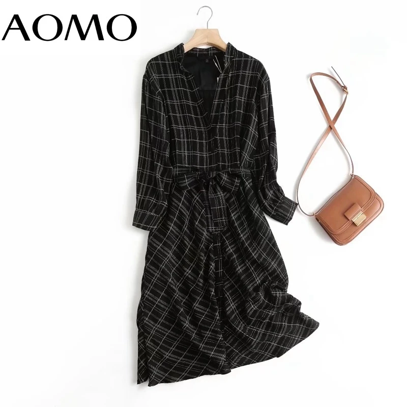 

AOMO 2021 Fashion Women Geometry Plaid Print High Quality Dress With Slash Vintage Long Sleeve Office Ladies Midi Dress 4C203A