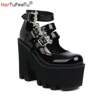 punk black pumps women bat buckles mary jane shoes newest pu leather 12 5cm high heels fashion cosplay wedges size 36 44