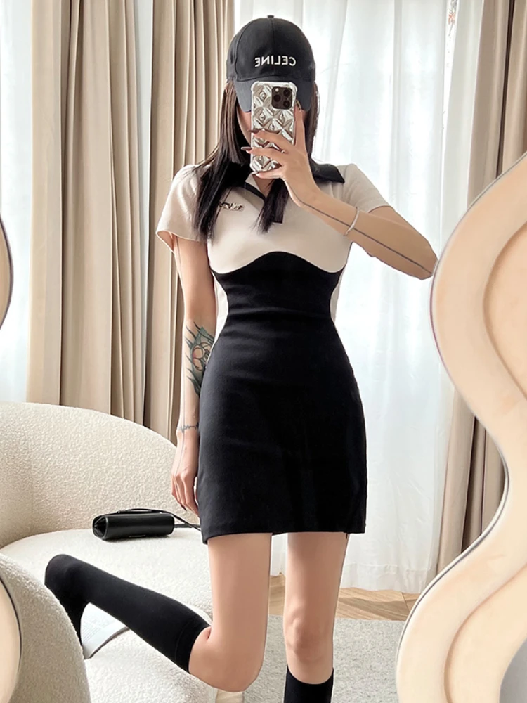 

Vintage Korean Street Style Gothic Party Sexy Polo Collar Sheath Patchwork Short Sleeve Woman Mini Dress Evening Summer 2022 New