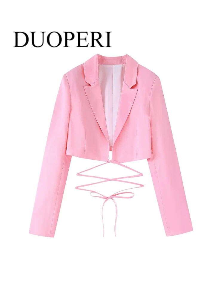 

DUOPERI Women Fashion Officewear Crop Blazer Jacket With Lace Up Vintage Long Sleeve Female Outwear Outfits Mujer