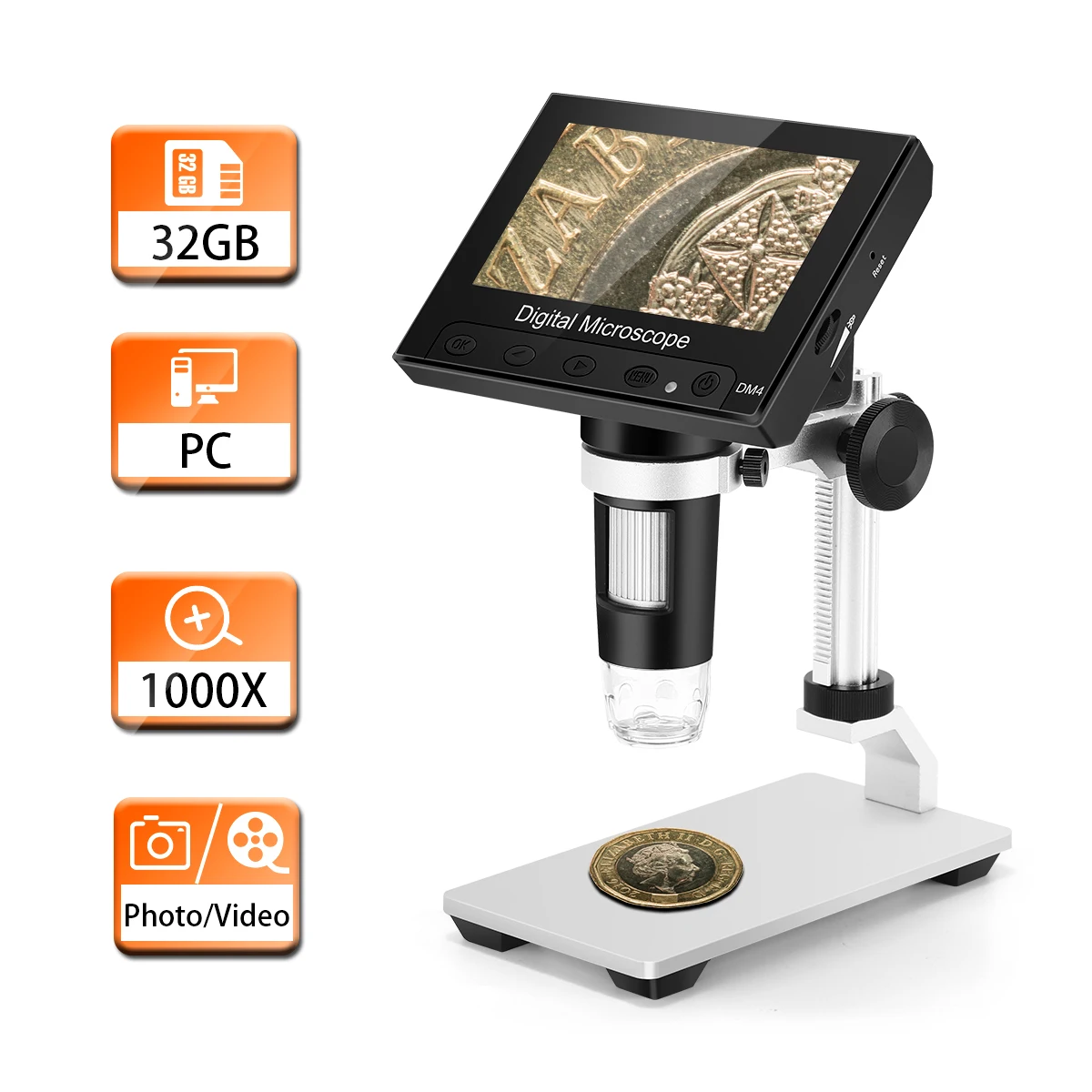 LCD Digital Microscope 4.3 inch FHD 1080P Portable Microscope 500X/1000X Magnification Camera Lens 2.0MP Video Recorder 32GB