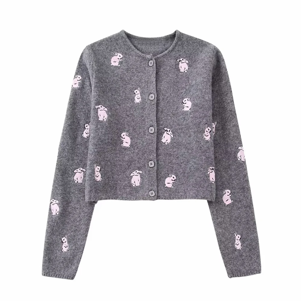 

Женский однобортный Кардиган PB & ZA, трикотажный свитер с длинным рукавом и принтом кролика, серое пальто, женская одежда, трикотажная одежда,...