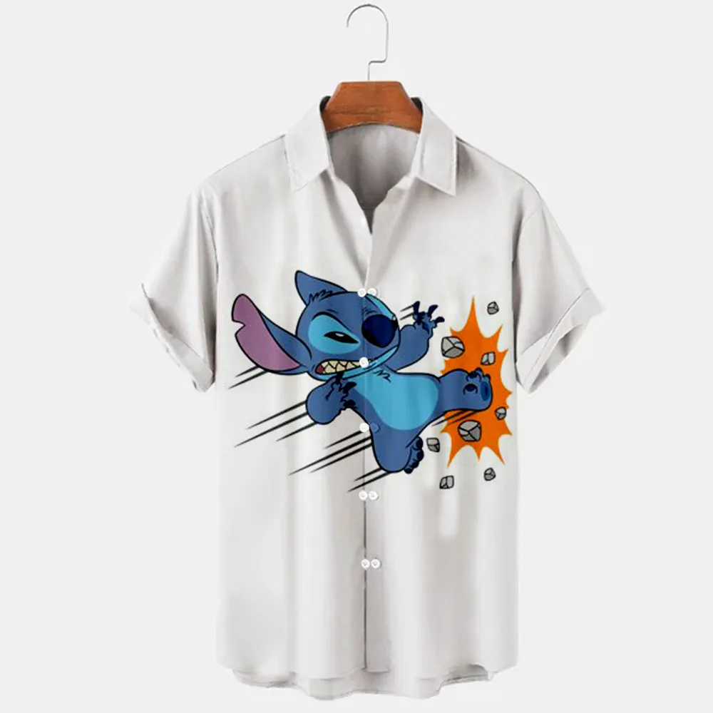 

Summer New Disney Brand Stitch and Mickey Collection Cartoon Casual 3D Printed Short Sleeve Lapel Shirt Slim Fit Men's Tops tees