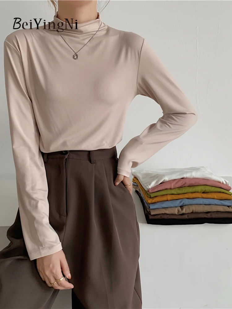 

Beiyingni осенне-зимняя женская тонкая Базовая Повседневная простая футболка в Корейском стиле женские облегающие Топы с длинным рукавом для женщин