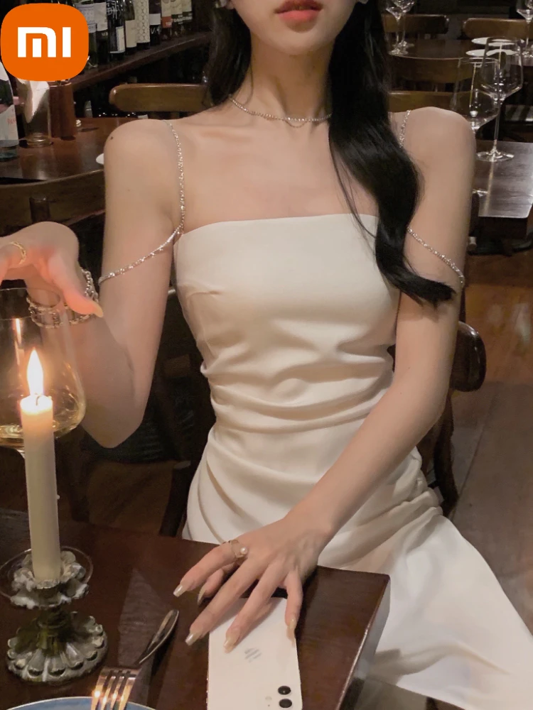 

XIAOMI Fashion Elegant Party Midi Dresses Women Bodycon Satin Summer Beach Chic Dress Backless Sexy Casual Suspender Dress 2022