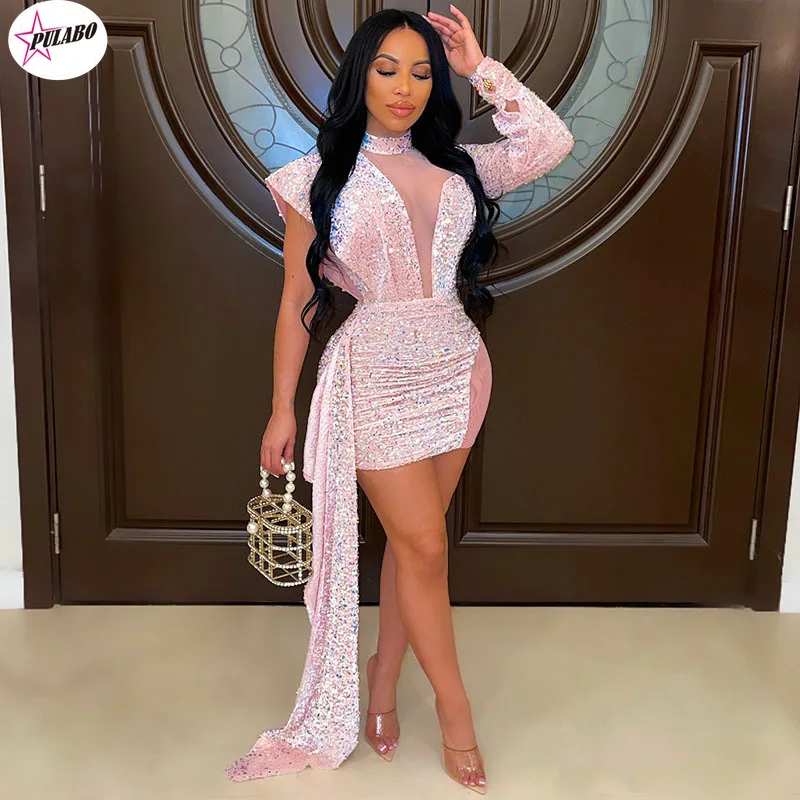 

PULABO Sheer Mesh Patchwork Sequins Ribbon Mini Party Dress Women Sexy Mock Neck One Shoulder Long Sleeve Bodycon Club Vestidos