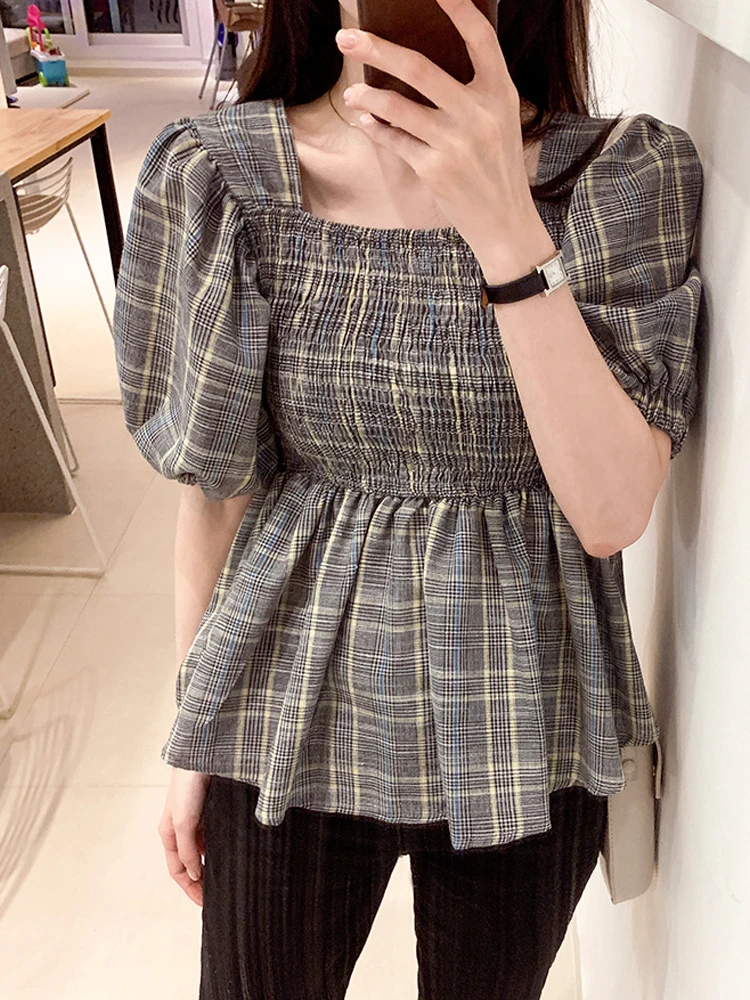 

Летние Короткие топы, женская модная повседневная винтажная блузка, рубашка, Корейский Японский преппи стиль, клетчатый топ с баской в стил...