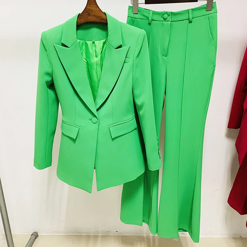 

22 Pants Blazer Suit Two Piece Set Green Women Office Business Single Buttons Flared Pants Blazer Formal Suit High Quality K374