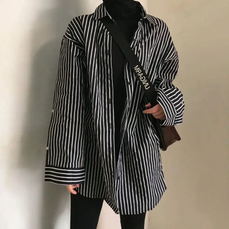 

Deeptown Black Striped Blouses Vintage Harajuku Korean Fashion Shirts Oversized Casual Female Top Office Wear Basic Street Style