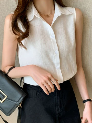 OL Style Shirts Women Turn-down Collar Sleeveless Women Blouse Tops Elegant Workwear Female Tops blusas femme 2023 Summer