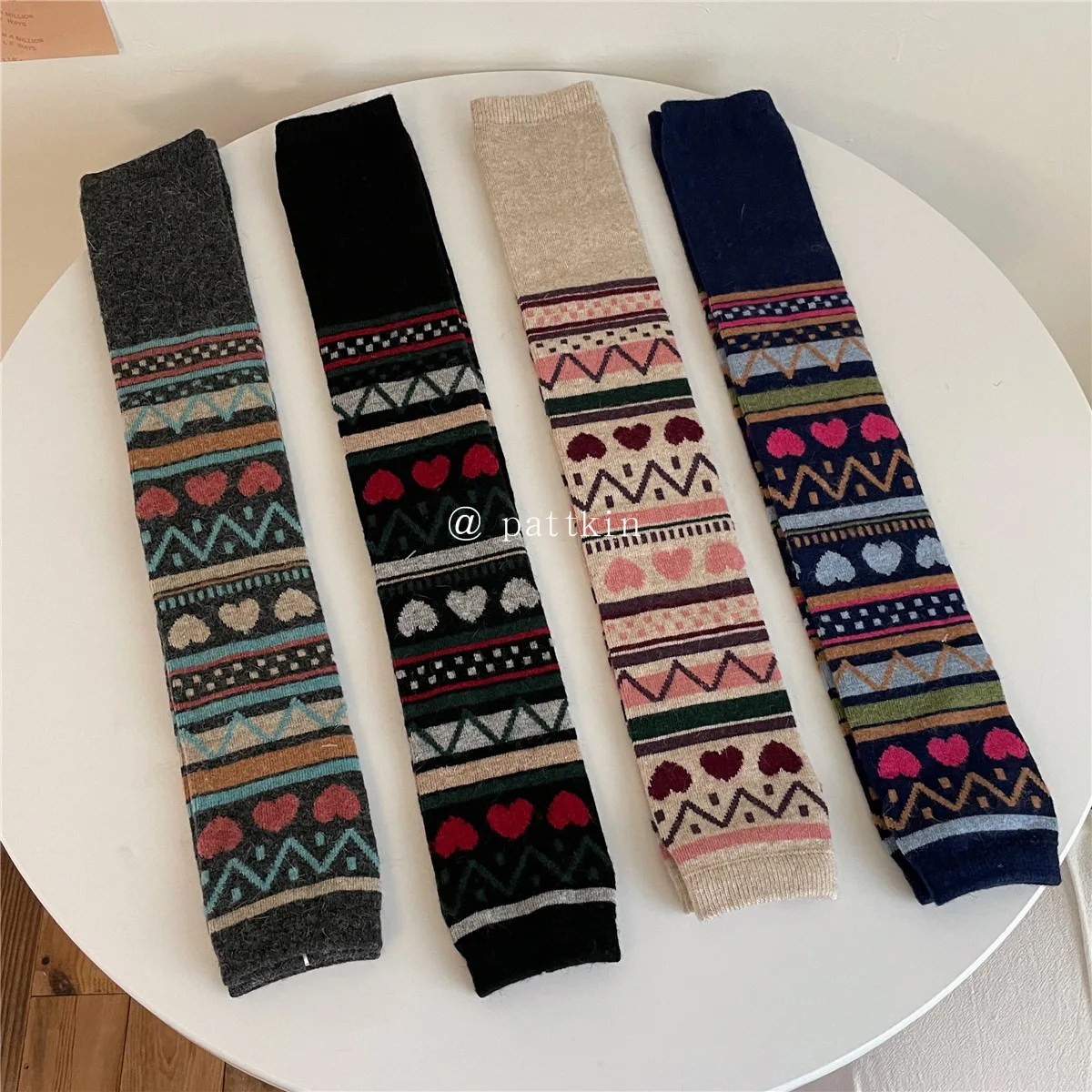 Wool Knee High Boots Stockings Leg Warmers Japanese Heart Pile Socks Female Warm Over Knee Striped Ethnic Love Long Socks