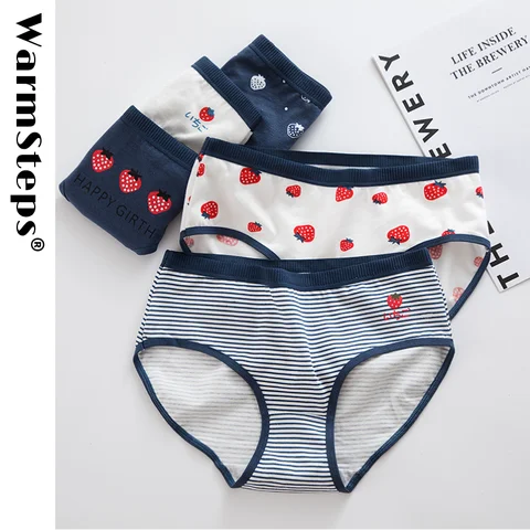 WarmSteps Cotton Brief Women's Panties Contrast Woman Underwear Strawberry Female Intimate Lingerie Cute Underpanties Mid Waist