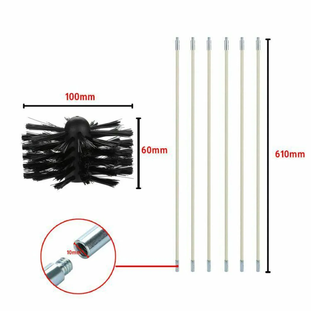 

Chimney Sweeping Cleaner Brush Set Flue Cleaning System Fireplace Tool Kit + 2 Rods 600*10mm Flexible Connection Cleaning Set