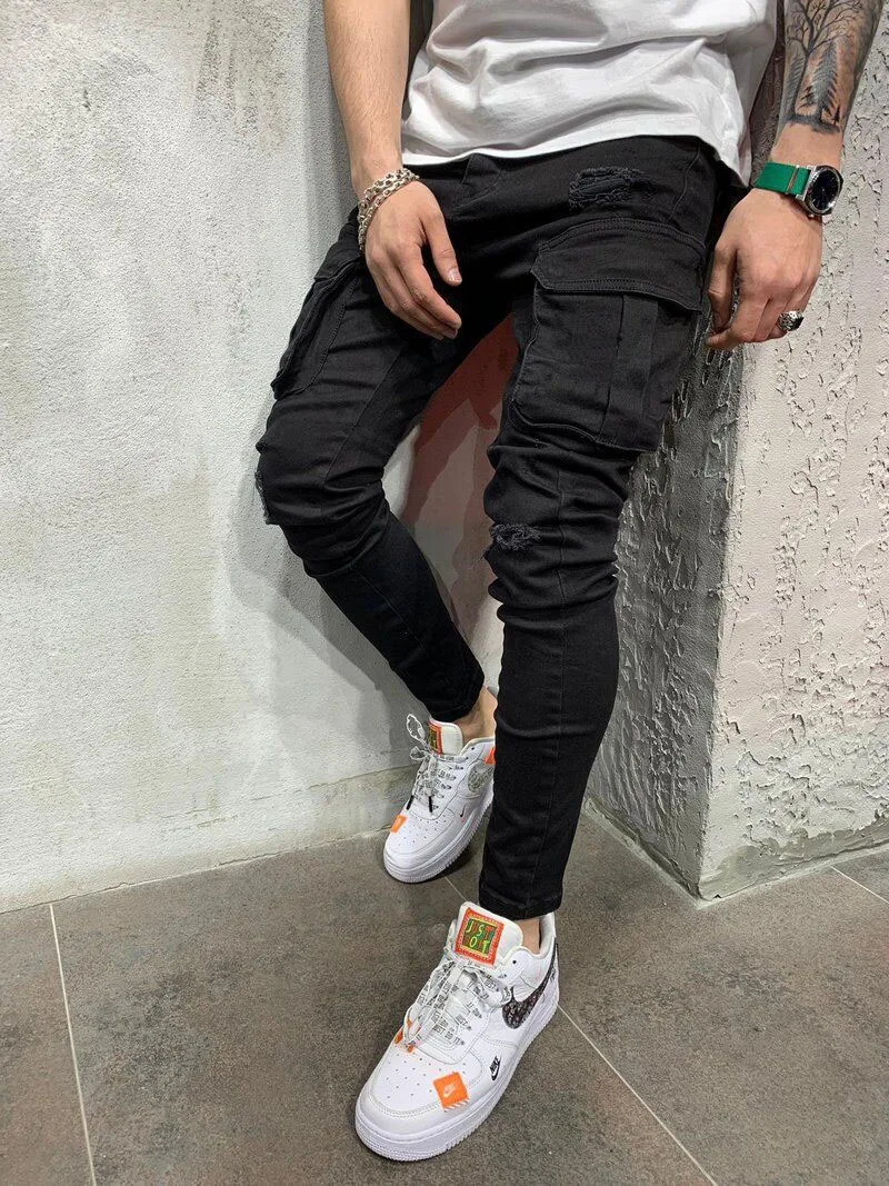 Spring Summer Black Cargo Jeans Men Streetwear Denim Jogger Pants Men skinny Trousers