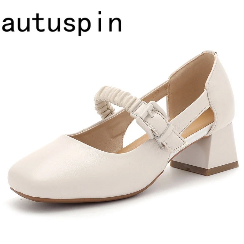 

AUTUSPIN Hollow Out Office Lady High Heels Fashion Summer Autumn Breathable Korean Pleated Pumps Genuine Leather Mary Jane Shoes