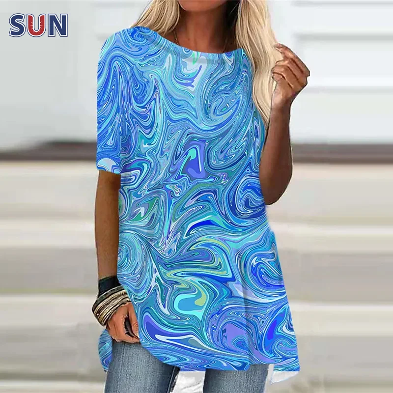 

Ladies Summer T-Shirt Blue Khaki Short Sleeve T-Shirt Colorful Gradient Print Top Round Neck Fashion Casual 2022 Plus Size Top