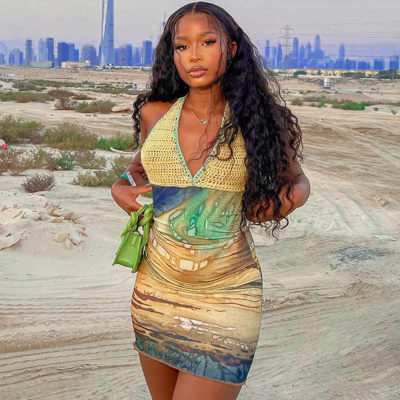 

2023 Spring New Beach Dress Casual Sexy Print Spliced V-Neck Lace Up Dresses Fashion Hanging Neck Wrap Hip Elegant Vestidos