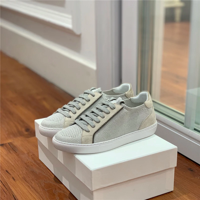 Spring and Autumn New Deerskin Knitted Mesh Breathable Casual Sneakers Lace up Walking Flat Shoes Women's Shoes luxury loafers