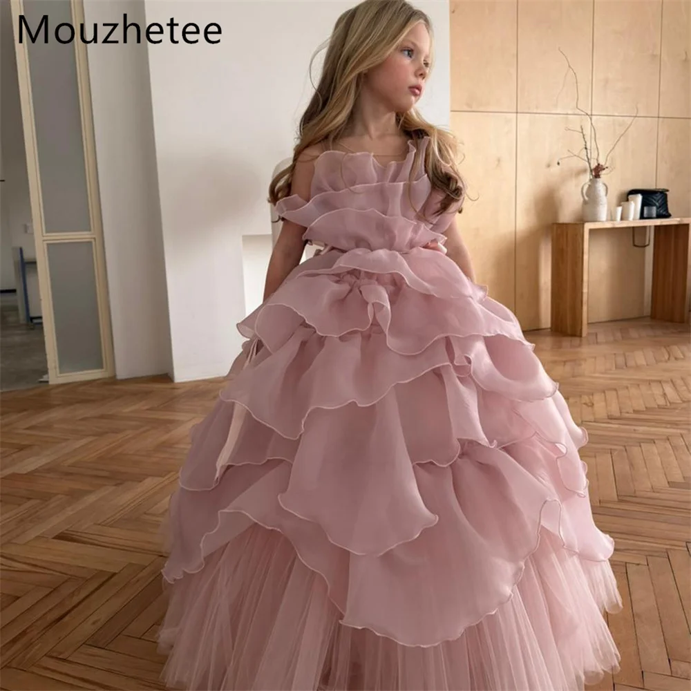 Фото Платье Mouzhetee А-силуэта с рюшами из розового фатина, с цветами, для девочек, на день рождения, свадьбу, выпускной, на заказ, 2026 №1