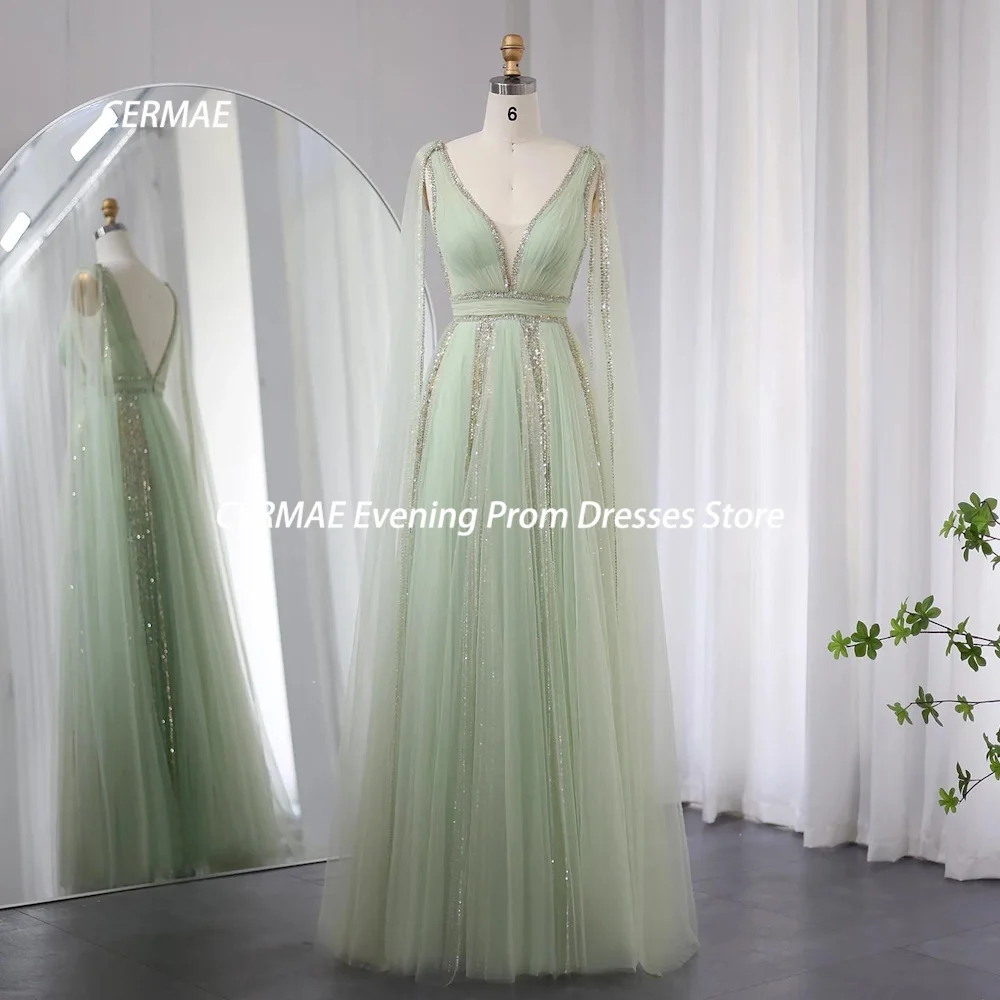 

CERMAE Tulle V-neck A-line Popular Sequins Ruffle Prom Gown Floor-Length Evening Formal Elegant Party Dress for Women 2023