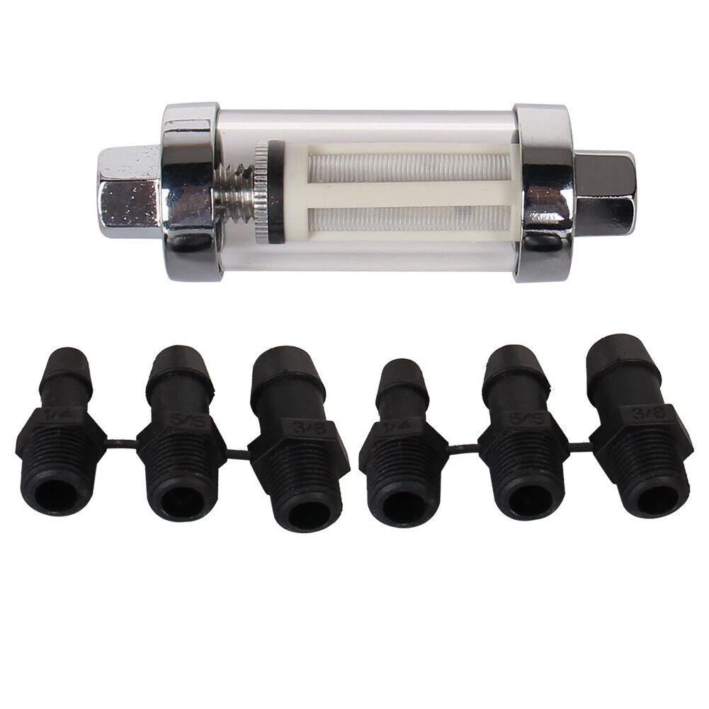 

60mm Fuel Filter Chrome With 1/4" 5/16" 3/8" Carburettor Adaptor Fittings For Car Caravan Diesel Petrol Bio Fuel Fuel Filter