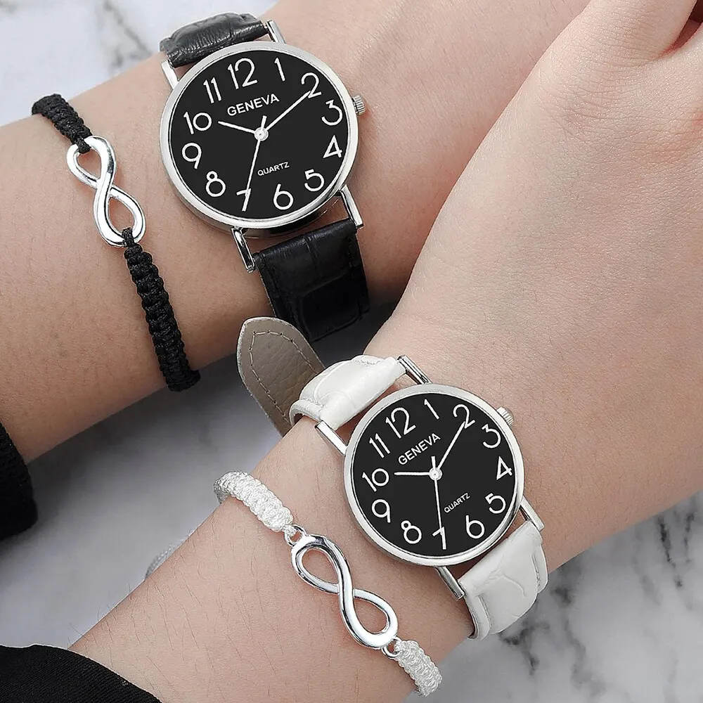 

4pcs Couple Quartz Watch Bracelet Set Couple Fashion Black White Leather Strap Quartz Watch Woven Infinity Bracelets Set