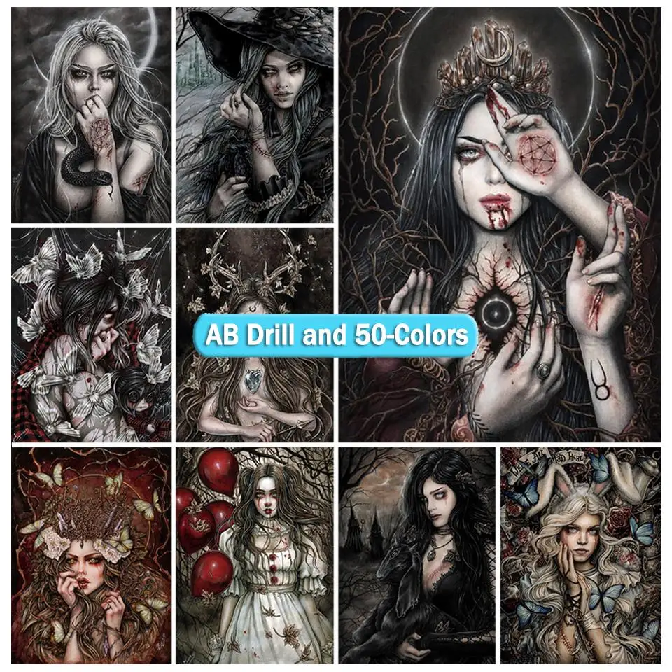 

50 цветов алмазная живопись Готическая вышивка Вампир Девушка Ведьма 5D темная женщина мозаика вышивка крестиком наборы Crysta Homel декор искусс...