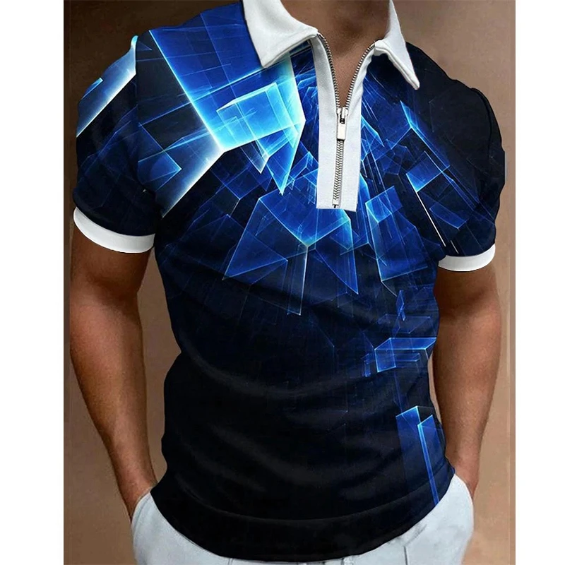 

Casual primavera verão manga longa camisa polo masculina com zíper camiseta geométrica emendamento impresso roupas topo de golfe