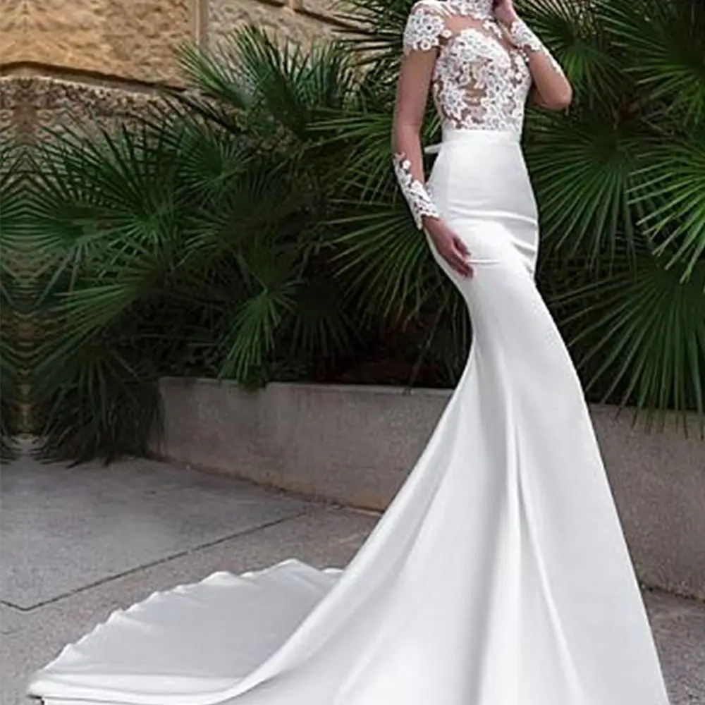 

Elegant High Neckline Mermaid Wedding Dresses With Lace Appliques Long Sleeve Sexy See Through Bodice Bridal Gowns Lace 2022