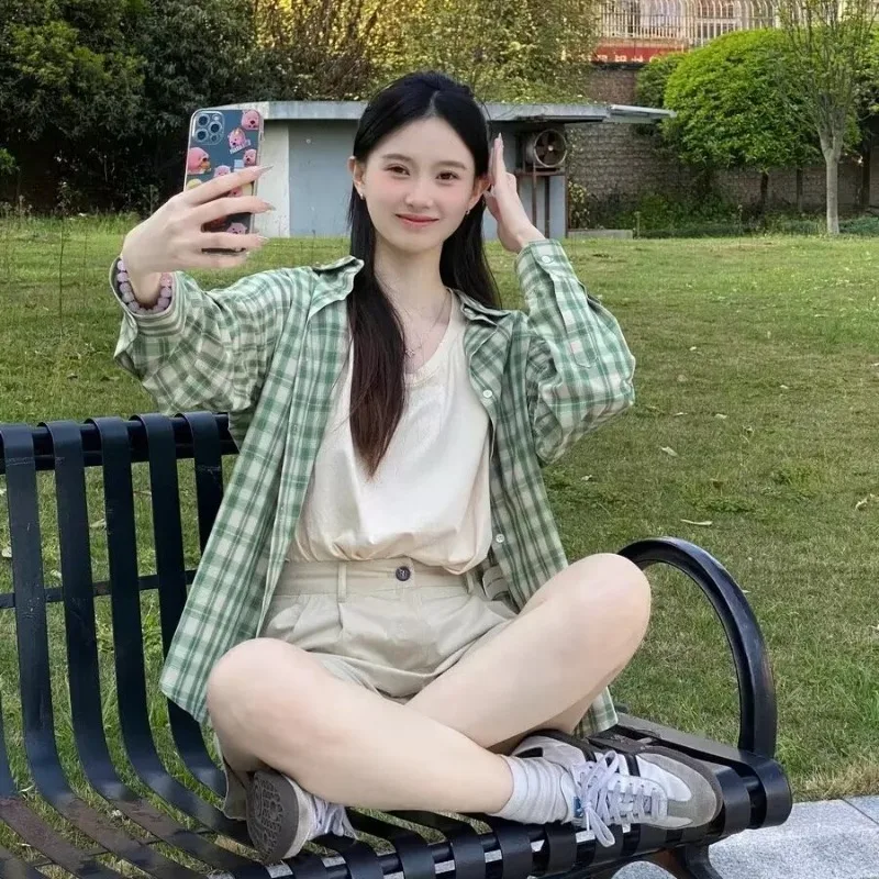 Женская клетчатая рубашка DAYIFUN зеленая Свободная средней длины в Корейском стиле