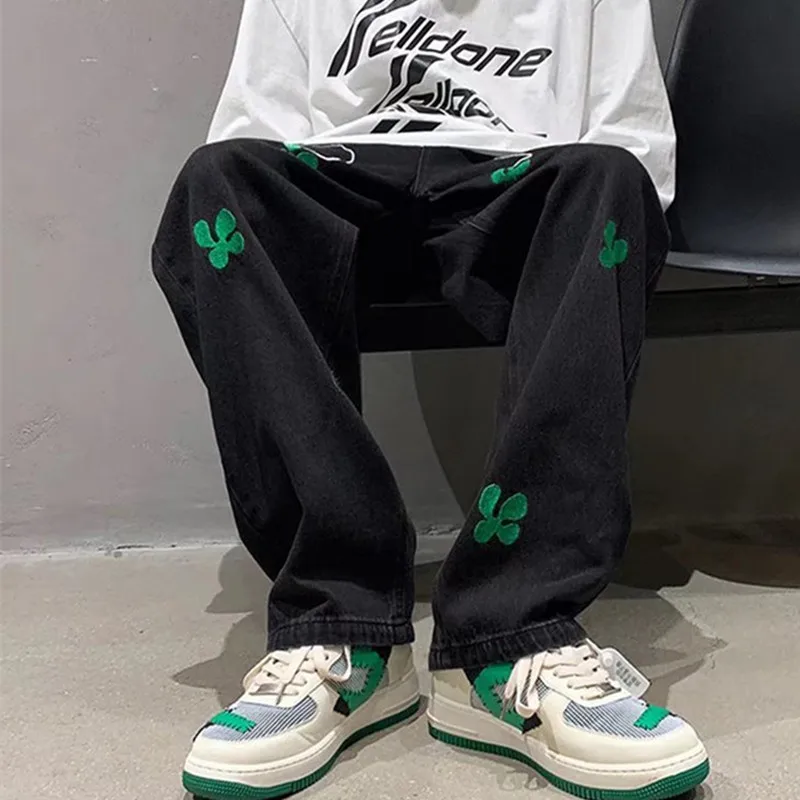 2022 New Fashion Letter Embroidery Baggy Men Wide Jeans Trousers Hip Hop Straight Korean Casual Denim Pants Luxury Moda Hombre