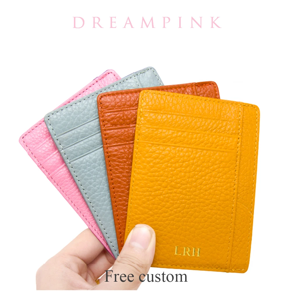 Cowhide Slim Wallet Customize Initials Women Men Card Holder Luxury Genuine Leather Personalize Letters Credit Card Case Sleeve