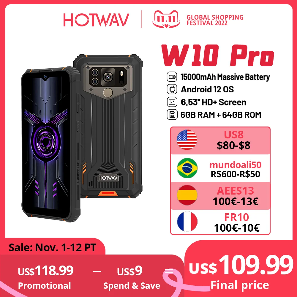 Cena HOTWAV W10 Pro/W10 Smartphone 15000mAh 6GB + 64GB/4GB + 32GB 1TB Rozszerzenie Wytrzymały Telefon Komórkowy Android 12 6.53 ''20MP/13MP Telefon Komórkowy