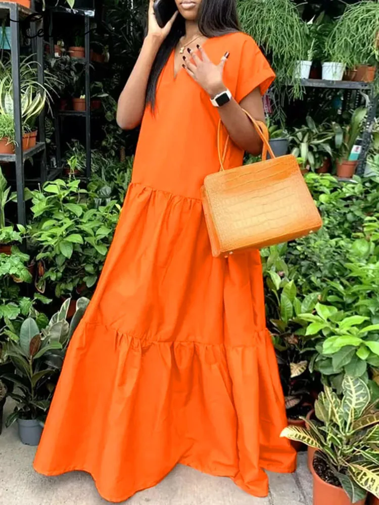 

Celmia Beach Streetwear Women Dress Fashion Short Sleeve Casual A-line Long Robe Stitching Pleats 2022 Summer V Neck Maxi Dress