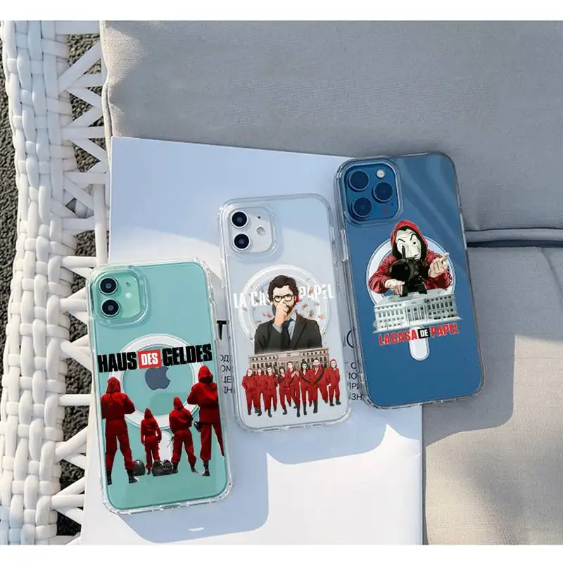 

La Casa de papel Phone Case Transparent Magsafe Magnetic Magnet For iPhone 13 12 11 Pro Max Mini Wireless Charging
