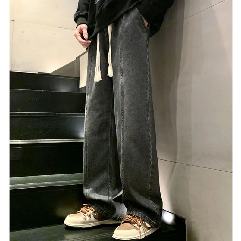 Streetwear Men 2022 Fashion New Pattern Vintage Recreational Blue Jeans Loose Straight Cylinder Broad Leg Trousers Autumn Female